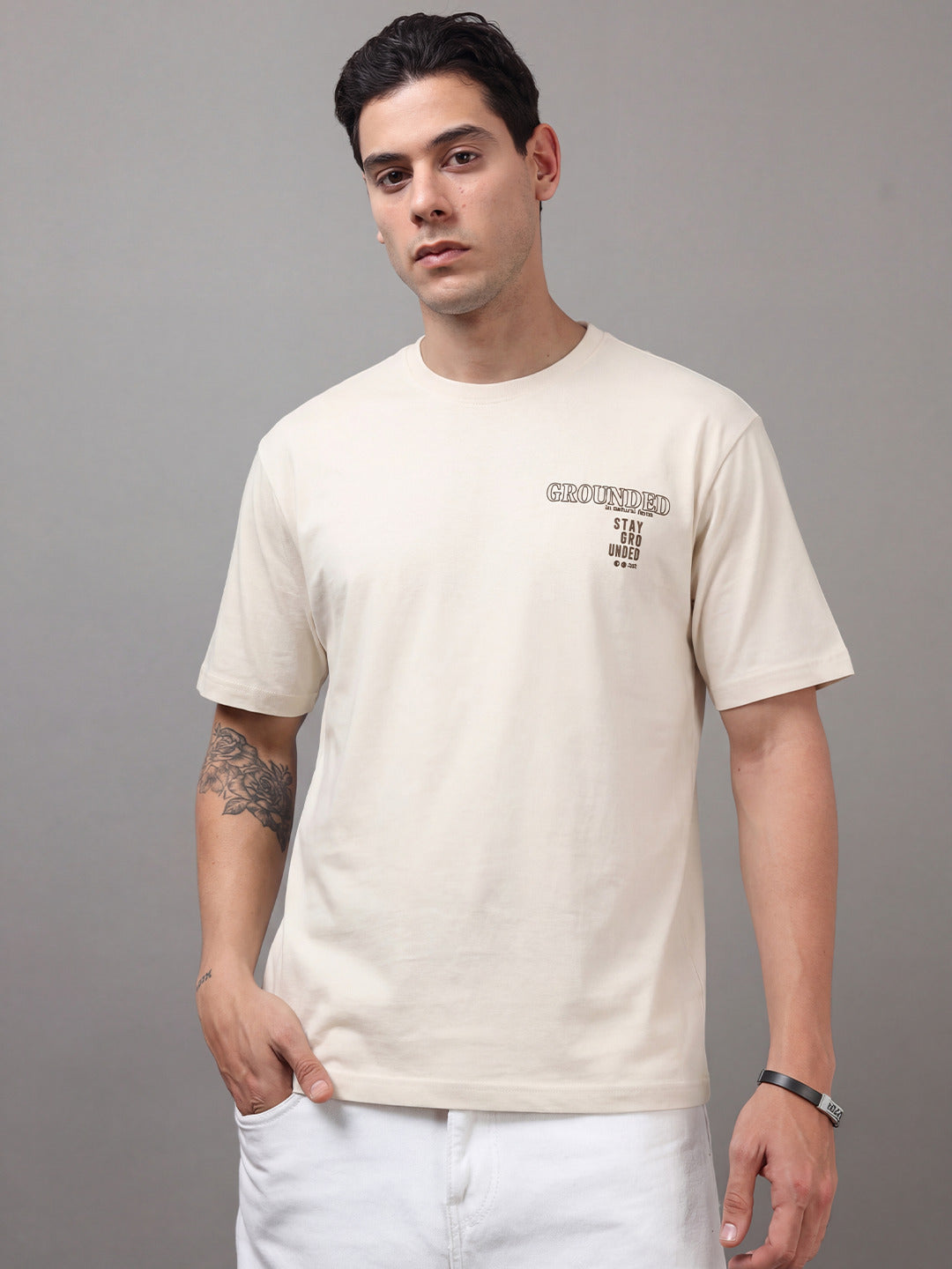 ARDEUR Men Printed Relaxed Fit Drop Shoulder T-Shirt - Off White-3