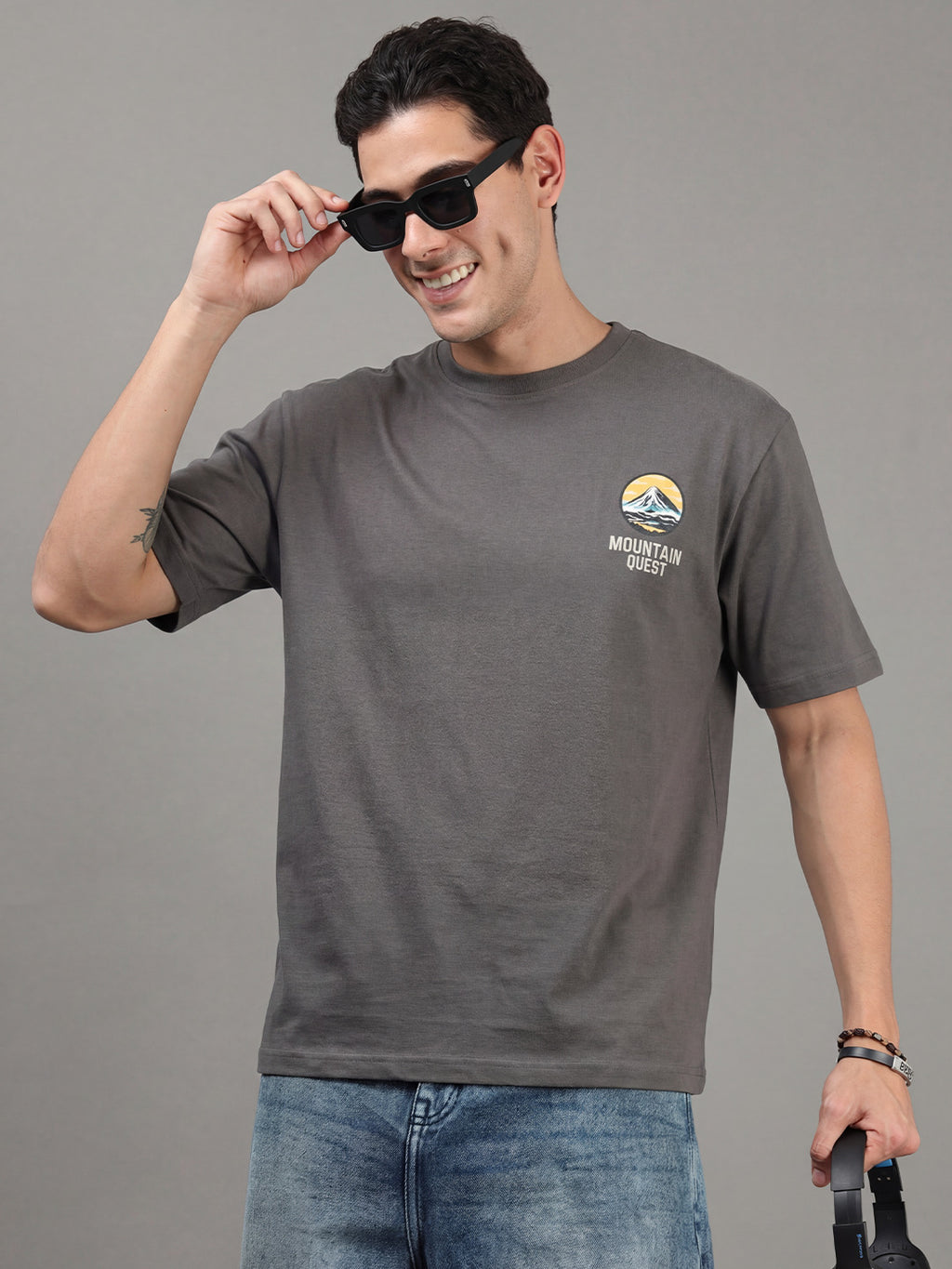 ARDEUR Men Printed Relaxed Fit Drop Shoulder T-Shirt - Grey