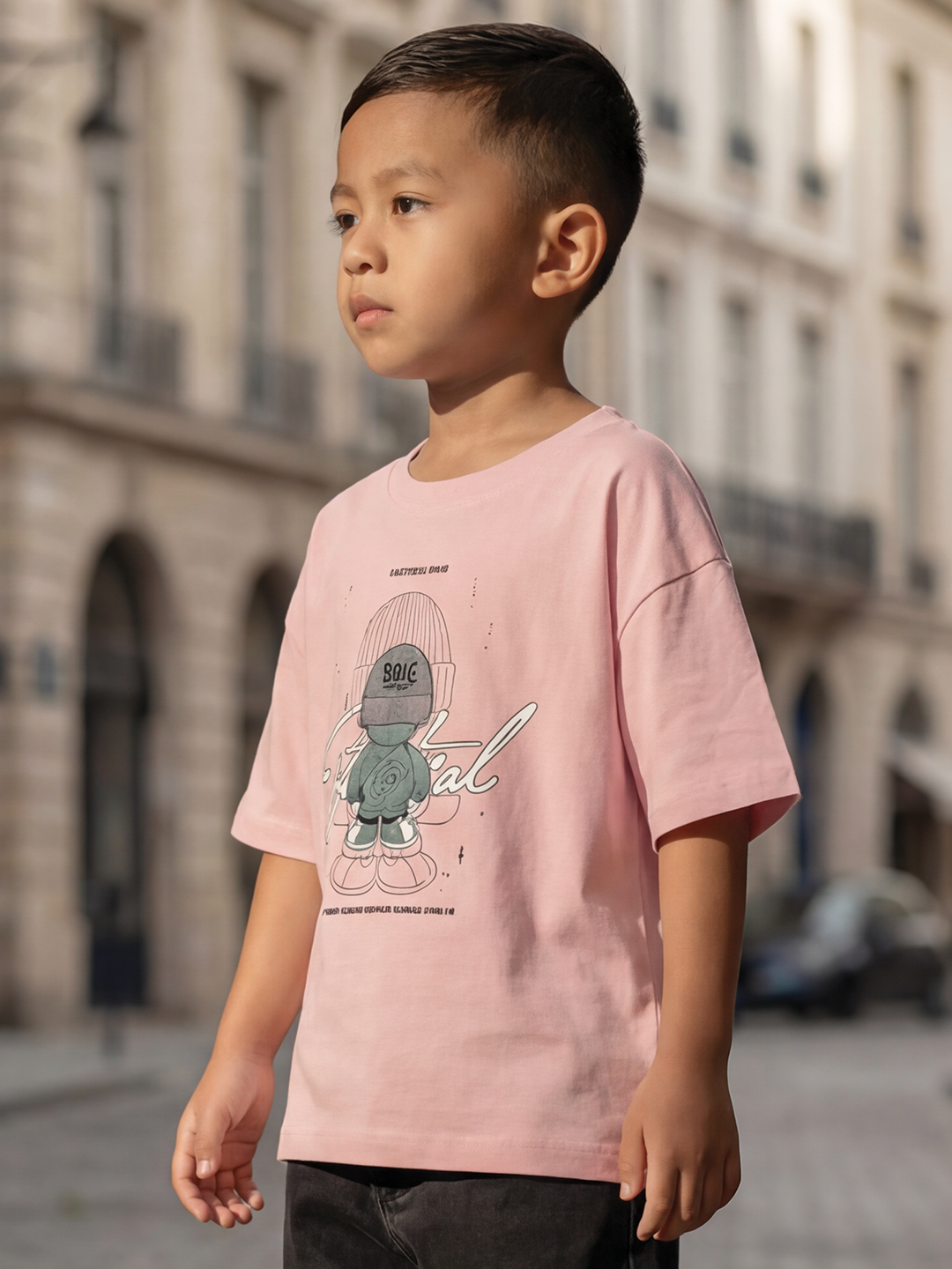 CODEZ Boys Peach Graphic Print Relaxed Fit Drop Shoulder T-Shirt
