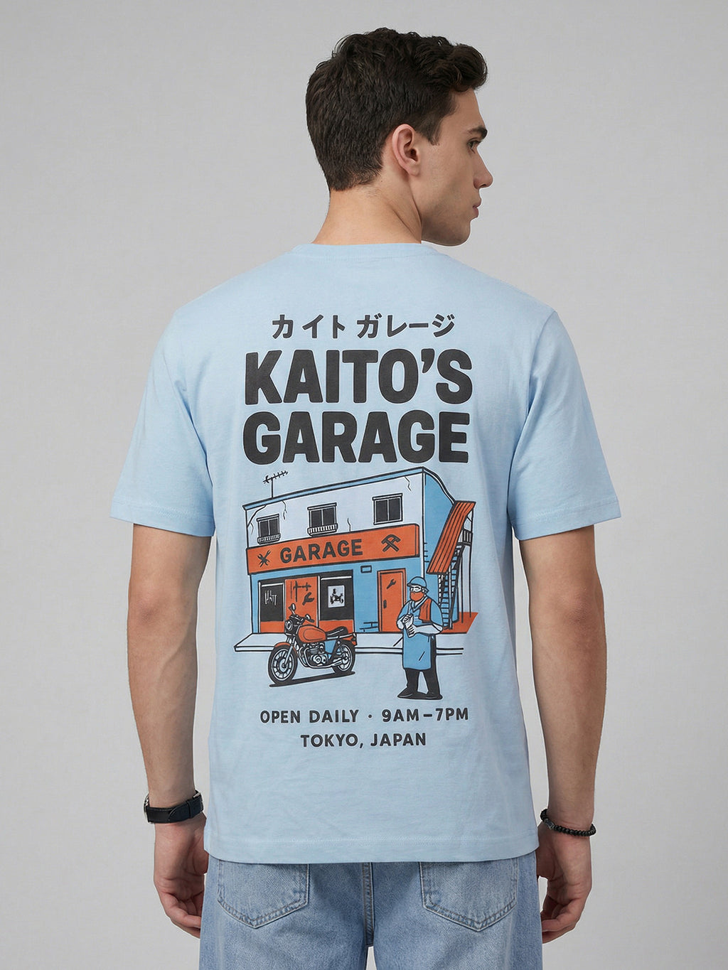 ARDEUR Men Graphic Printed Relaxed Fit Drop Shoulder T-Shirt - Sky Blue