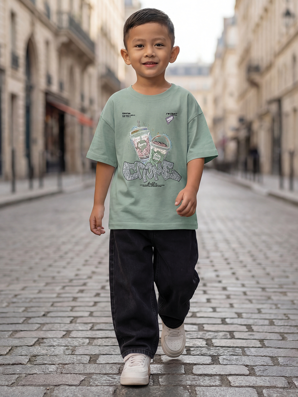 CODEZ Boys Pista Green Graphic Print Relaxed Fit Drop Shoulder T-Shirt