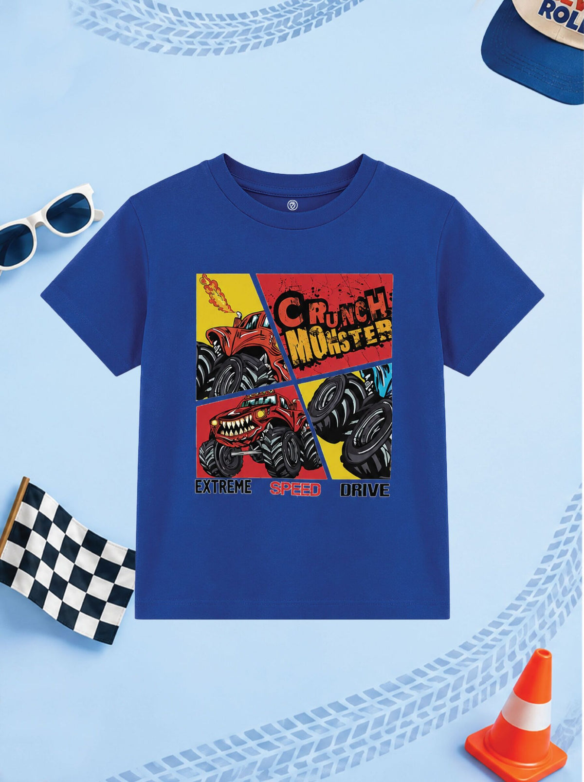 CODEZ Boys Blue Pure Cotton Crunch Monster Graphic Relaxed Fit T-Shirt