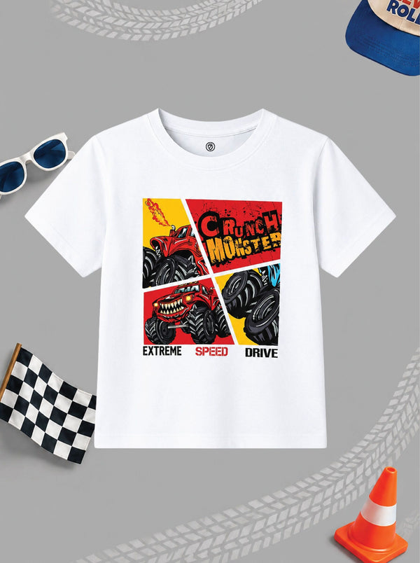 CODEZ Boys White Pure Cotton Crunch Monster Graphic Relaxed Fit T-Shirt