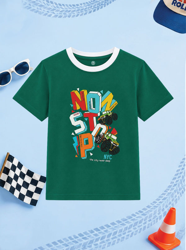 CODEZ Boys Alpine Green Pure Cotton Non Stop NYC Graphic Relaxed Fit T-Shirt