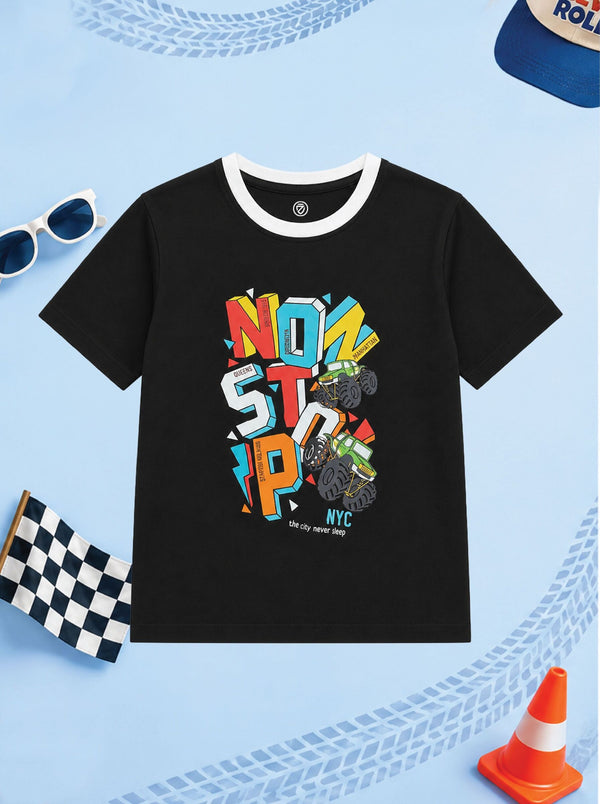CODEZ Boys Black Pure Cotton Non Stop NYC Graphic Relaxed Fit T-Shirt