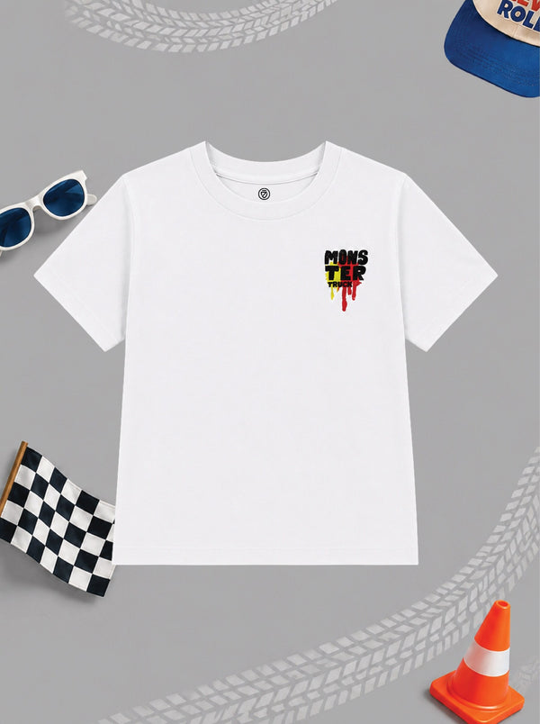 CODEZ Boys White Pure Cotton Extreme Sports Monster Truck Graphic Relaxed Fit T-Shirt