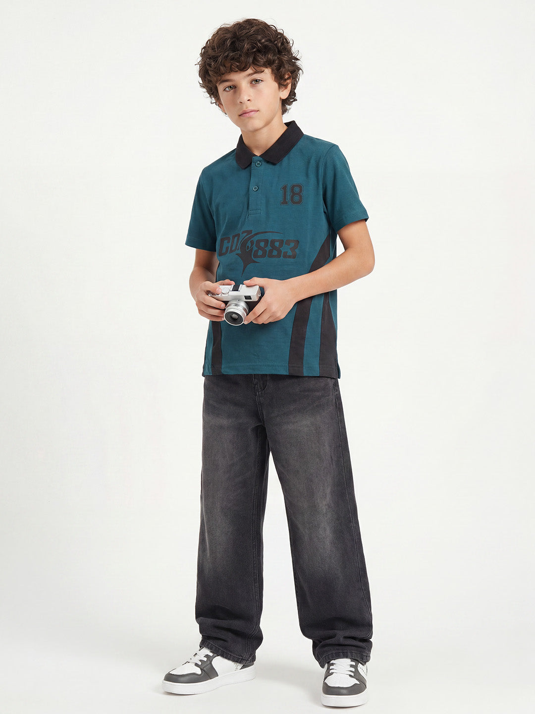 CODEZ Boys Teal Polo Neck Printed Relaxed Fit T-Shirt