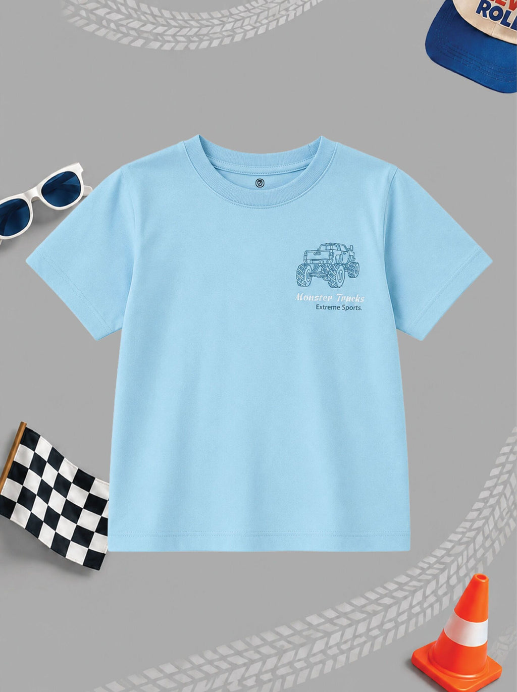 CODEZ Boys Powder Blue Pure Cotton Extreme Sports Monster Truck Graphic Relaxed Fit T-Shirt