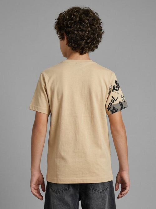 CODEZ Boys Beige Speed Racing Graphic Printed Drop Shoulder Cotton T-Shirt