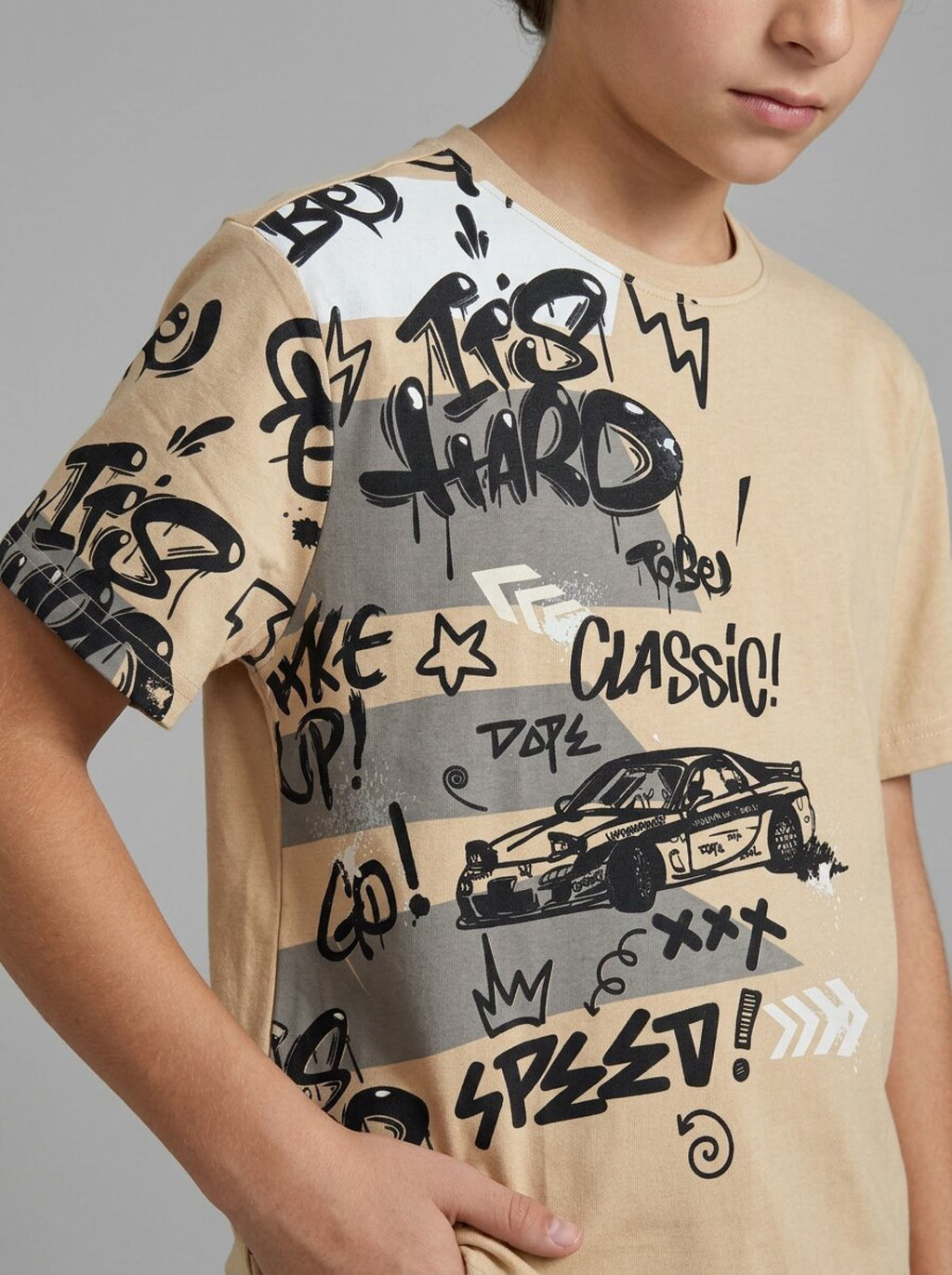 CODEZ Boys Beige Speed Racing Graphic Printed Drop Shoulder Cotton T-Shirt