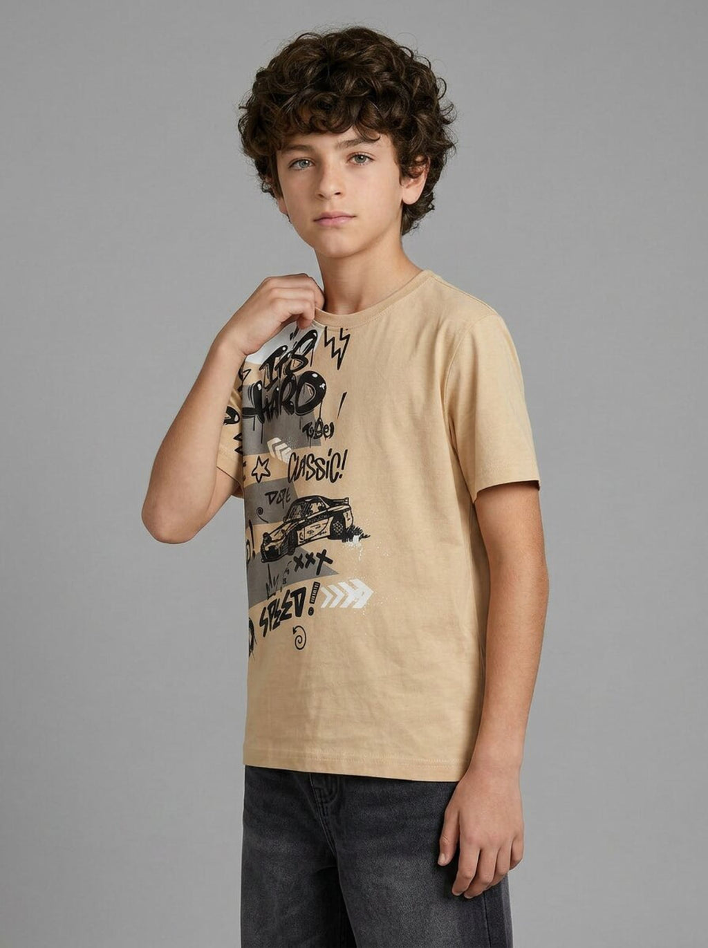 CODEZ Boys Beige Speed Racing Graphic Printed Drop Shoulder Cotton T-Shirt