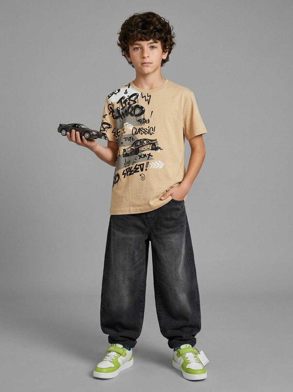 CODEZ Boys Beige Speed Racing Graphic Printed Drop Shoulder Cotton T-Shirt