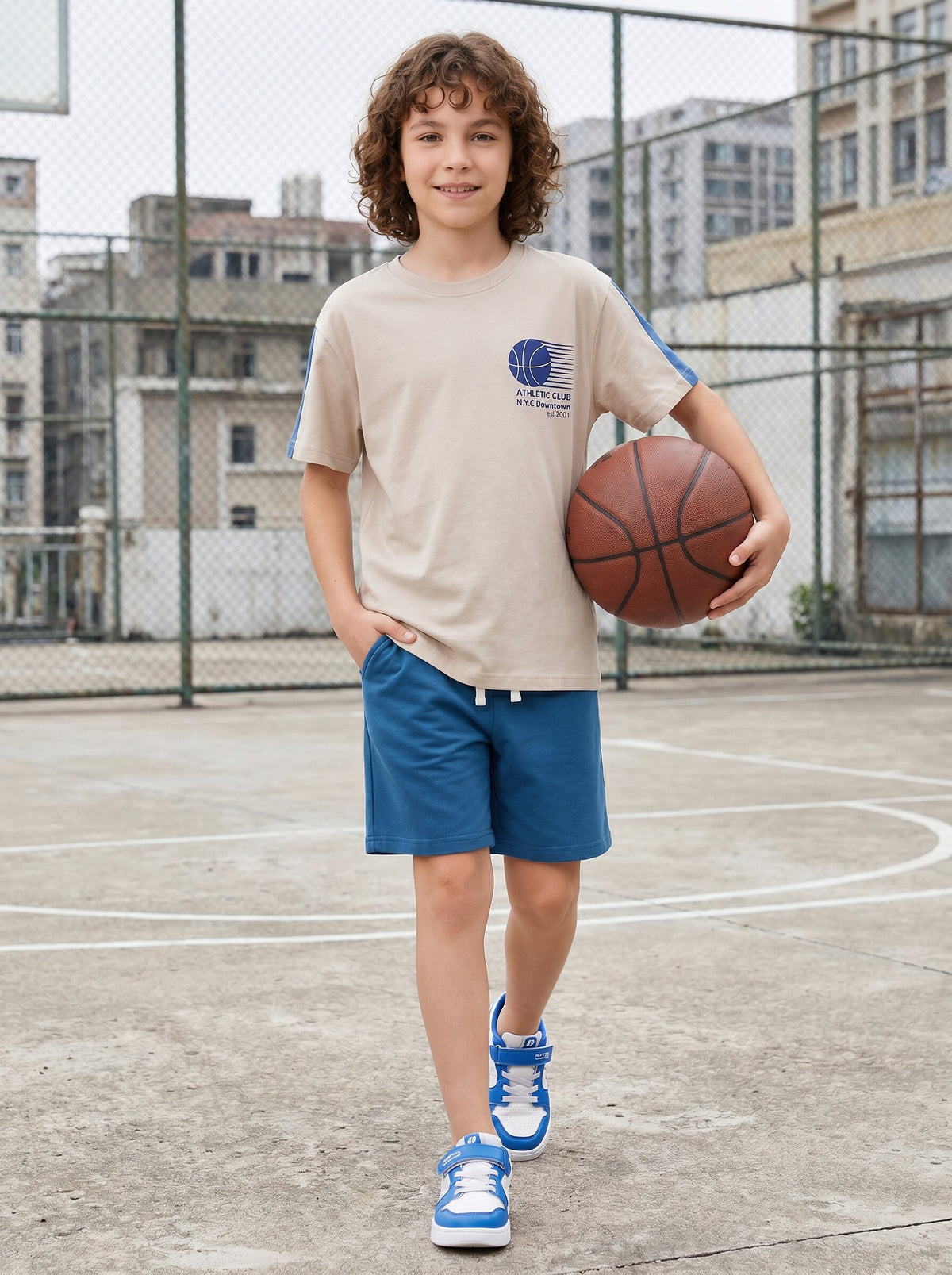 boys oversized t-shirt - CODEZ Boys' Beige Athletic Club Printed Drop Shoulder Cotton T-Shirt, front view