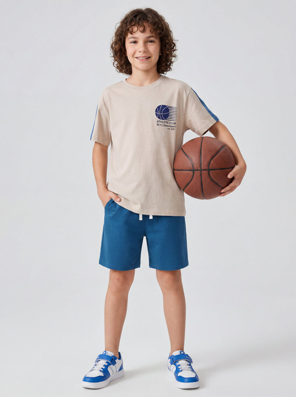 boys oversized t-shirt - CODEZ Boys' Beige Athletic Club Printed Drop Shoulder Cotton T-Shirt, styling view