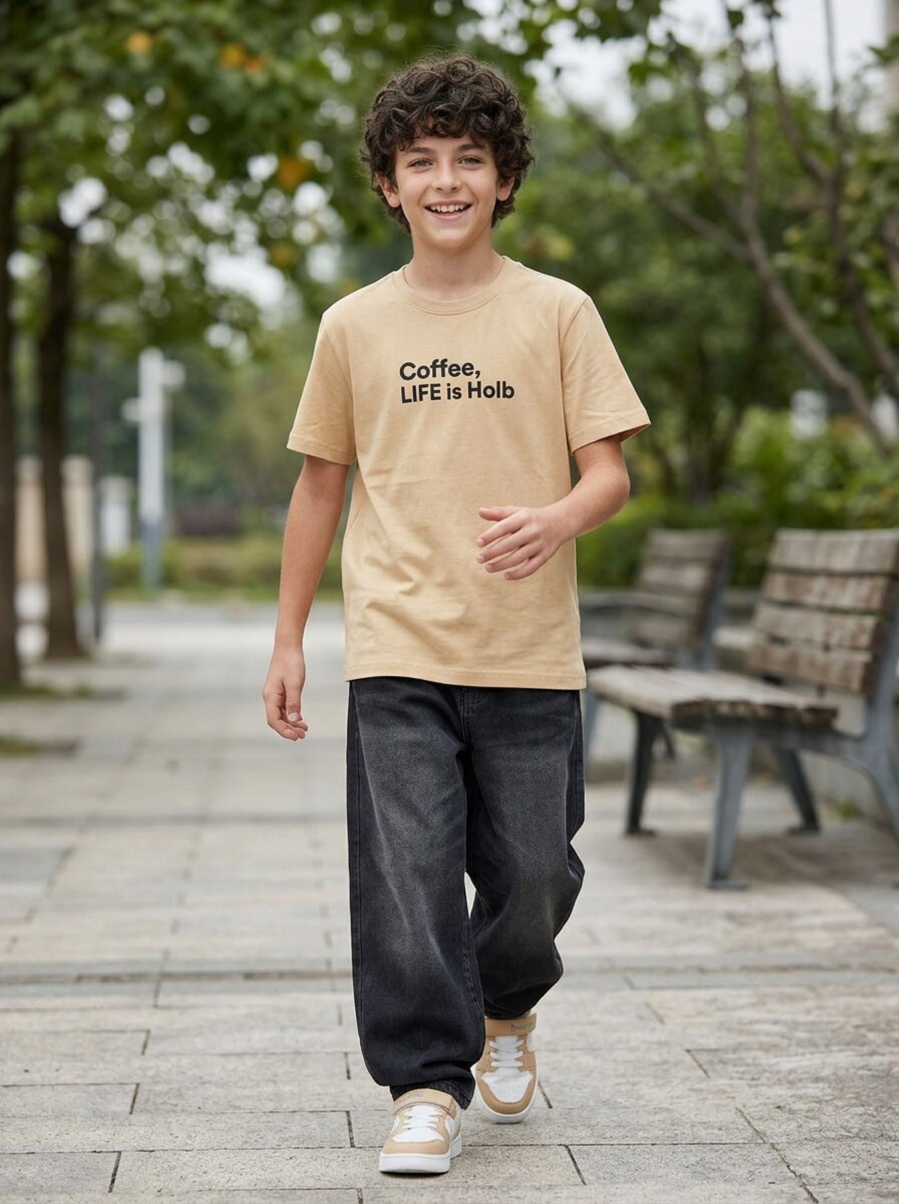 CODEZ Boys Beige Coffee Life Graphic Printed Drop Shoulder Cotton T-Shirt