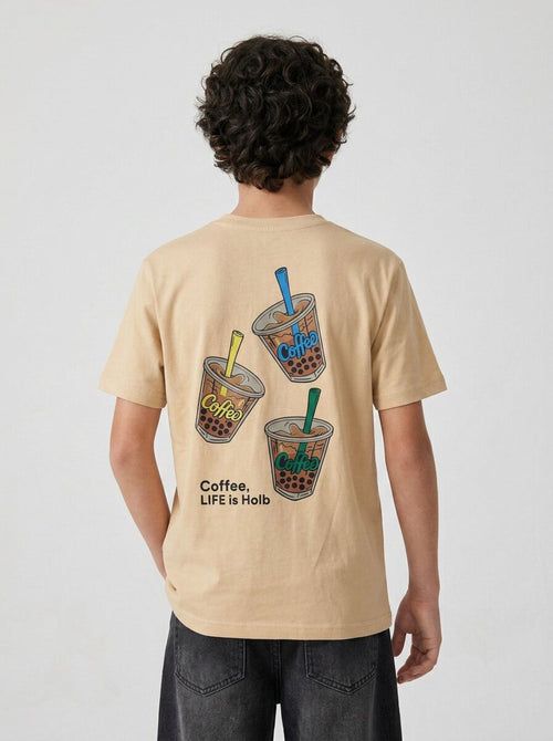 CODEZ Boys Beige Coffee Life Graphic Printed Drop Shoulder Cotton T-Shirt