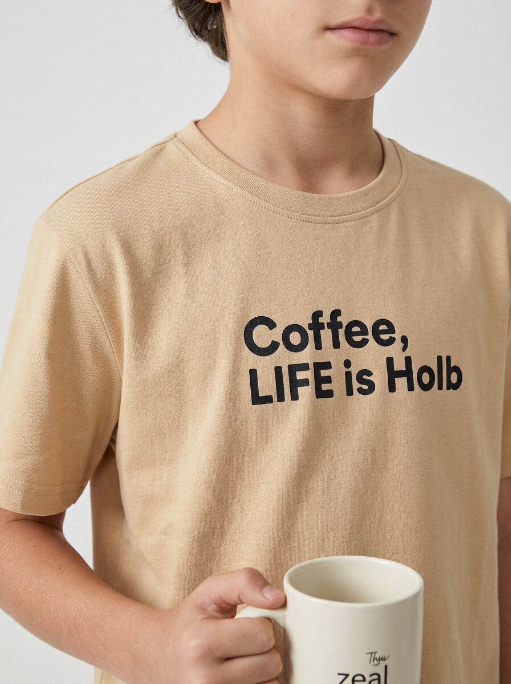 CODEZ Boys Beige Coffee Life Graphic Printed Drop Shoulder Cotton T-Shirt