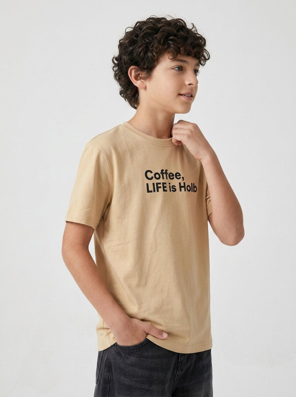 CODEZ Boys Beige Coffee Life Graphic Printed Drop Shoulder Cotton T-Shirt