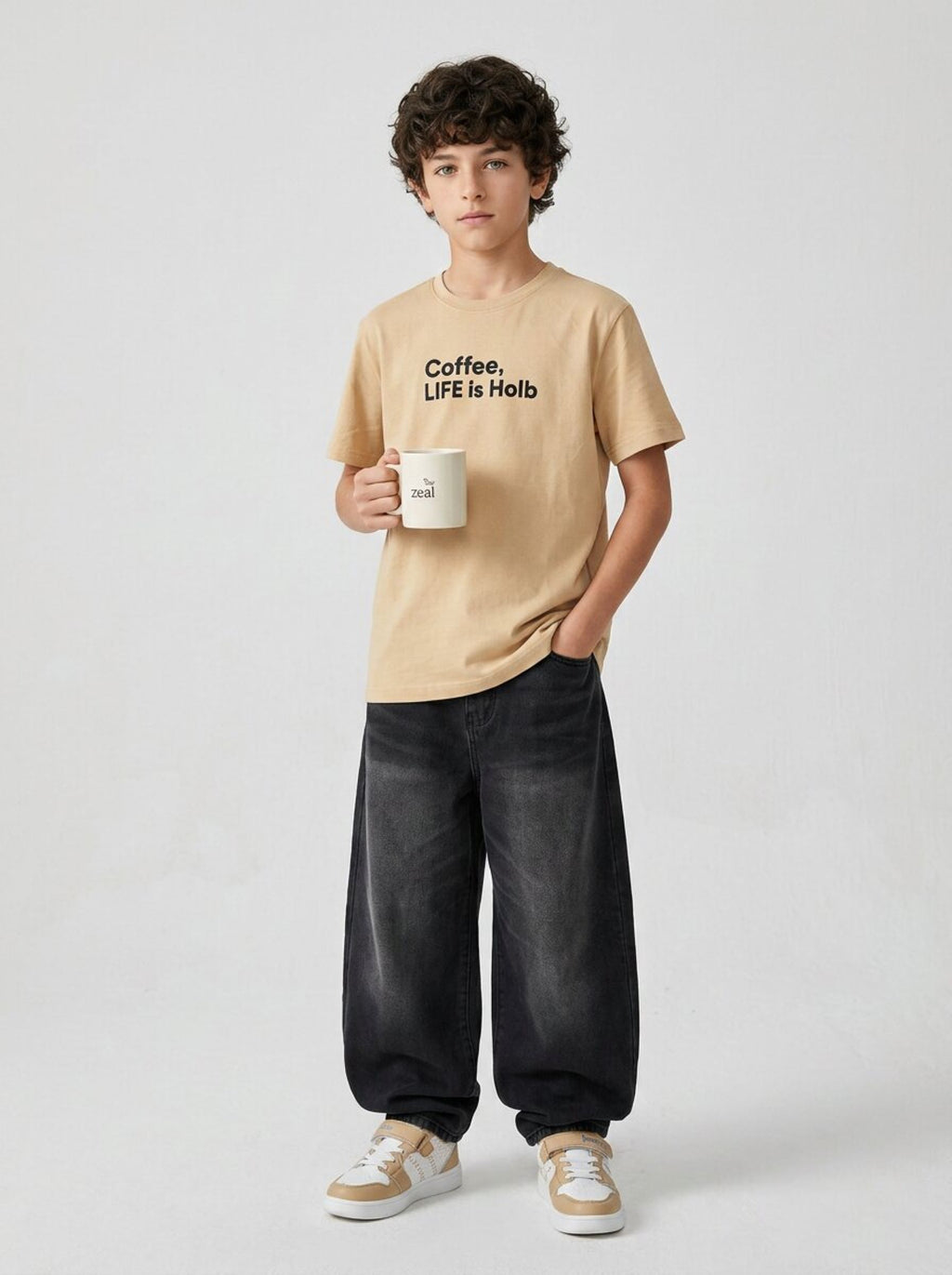 CODEZ Boys Beige Coffee Life Graphic Printed Drop Shoulder Cotton T-Shirt
