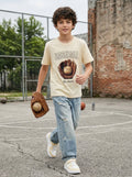 CODEZ Boys Beige Baseball Graphic Printed Drop Shoulder Cotton T-Shirt