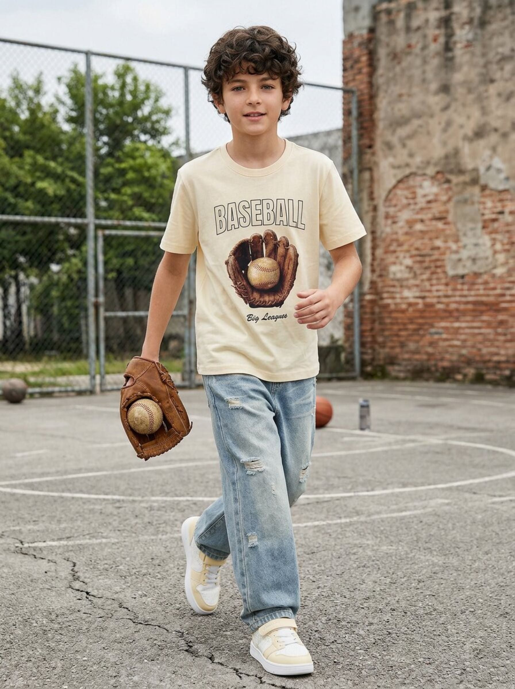 CODEZ Boys Beige Baseball Graphic Printed Drop Shoulder Cotton T-Shirt