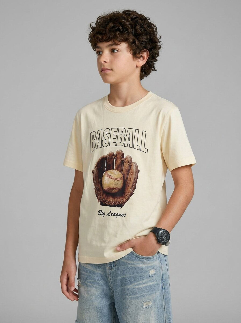 CODEZ Boys Beige Baseball Graphic Printed Drop Shoulder Cotton T-Shirt