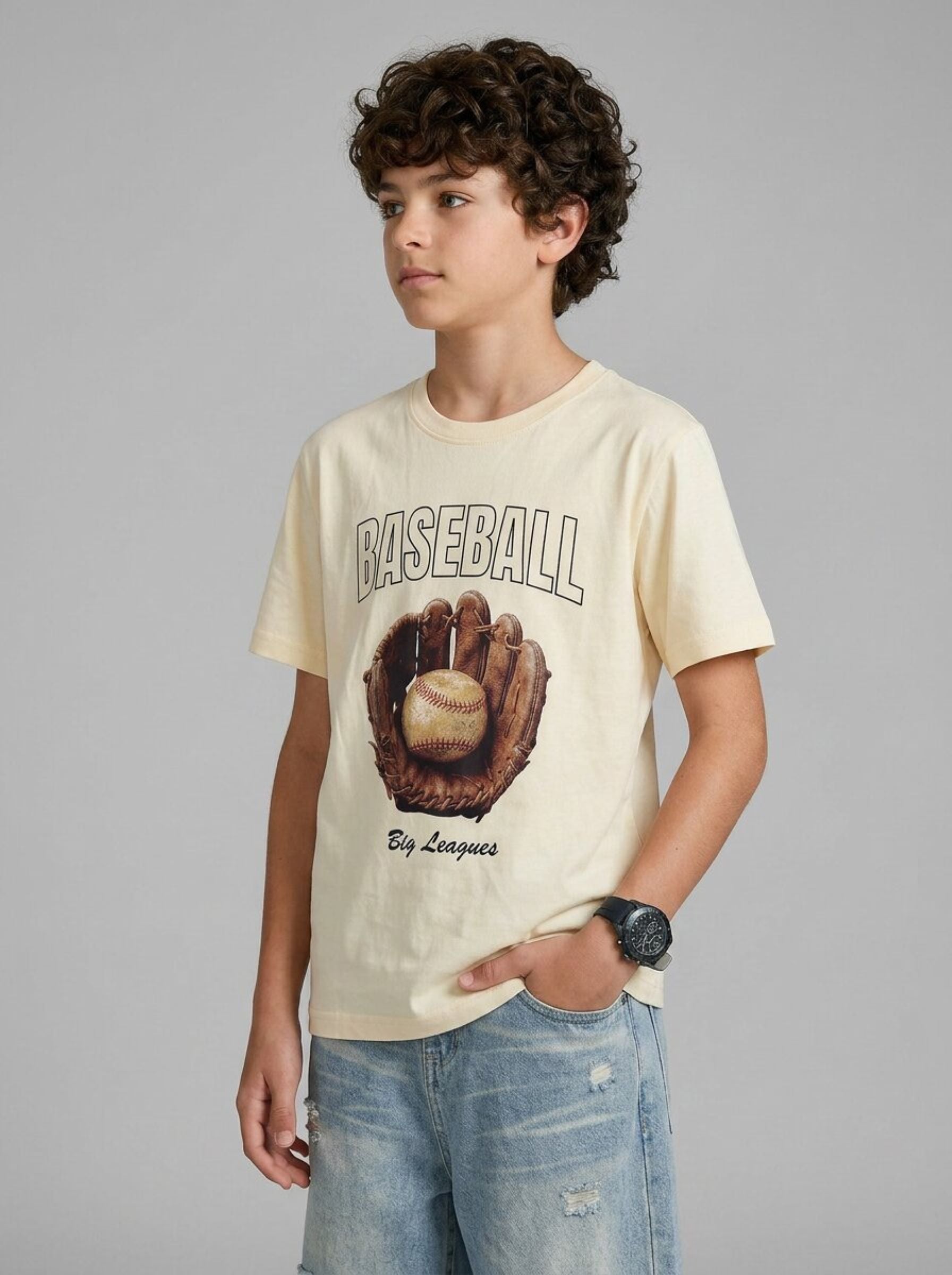 CODEZ Boys Beige Baseball Graphic Printed Drop Shoulder Cotton T-Shirt