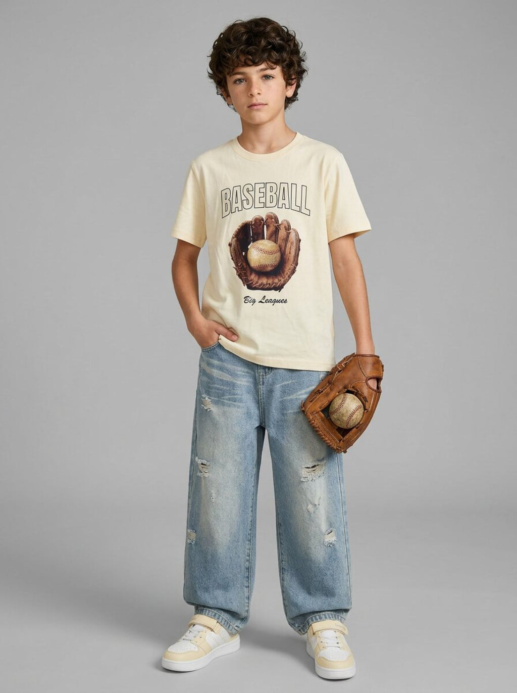 CODEZ Boys Beige Baseball Graphic Printed Drop Shoulder Cotton T-Shirt