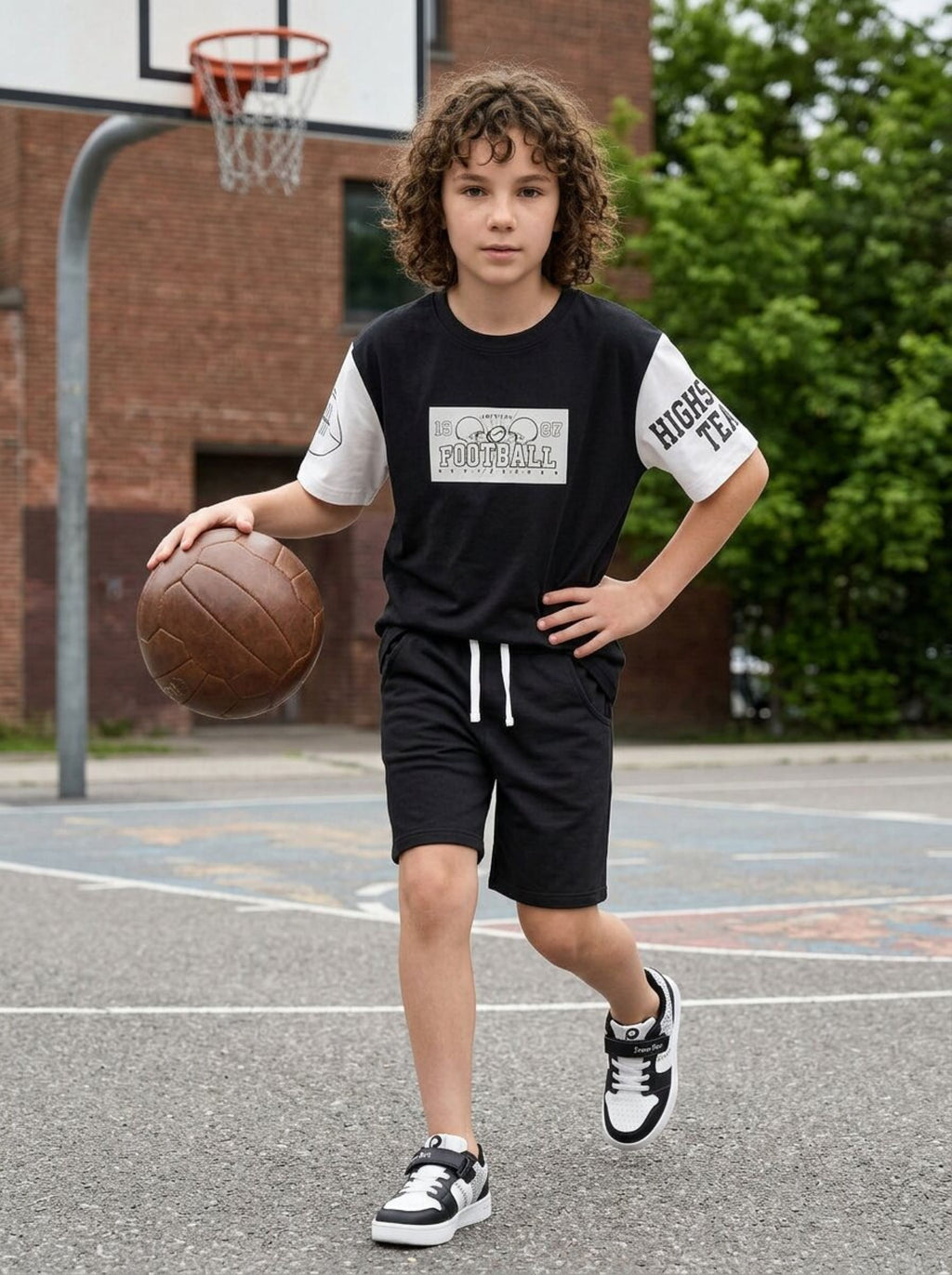 CODEZ Boys Black American Football Graphic Printed Drop Shoulder Cotton T-Shirt