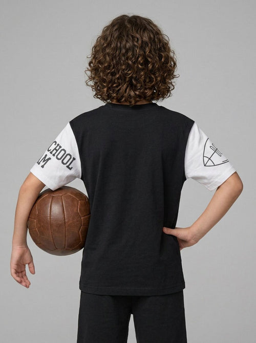 CODEZ Boys Black American Football Graphic Printed Drop Shoulder Cotton T-Shirt