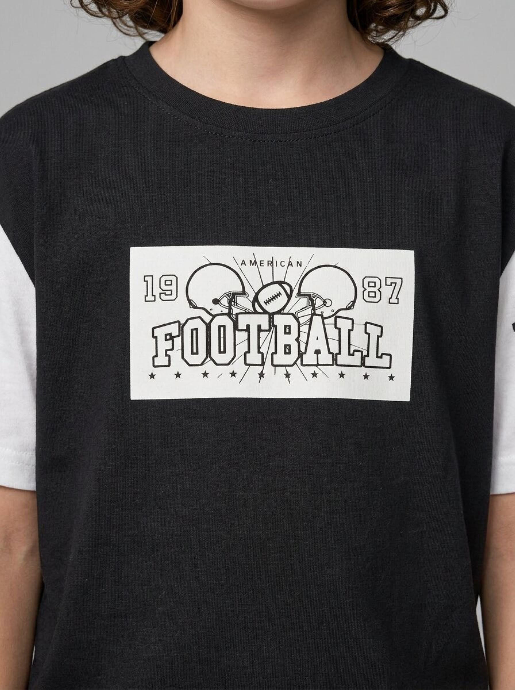 CODEZ Boys Black American Football Graphic Printed Drop Shoulder Cotton T-Shirt