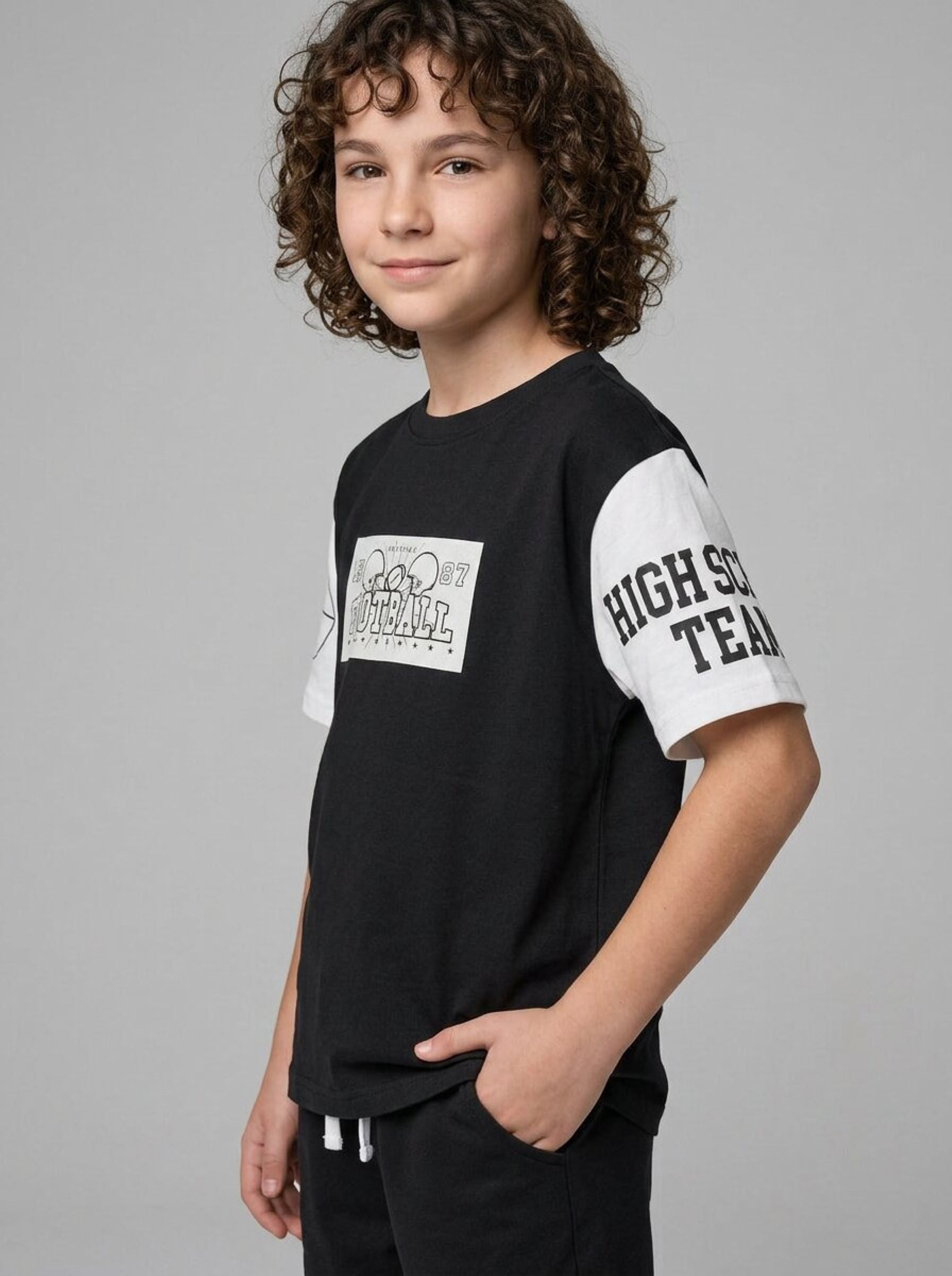 CODEZ Boys Black American Football Graphic Printed Drop Shoulder Cotton T-Shirt