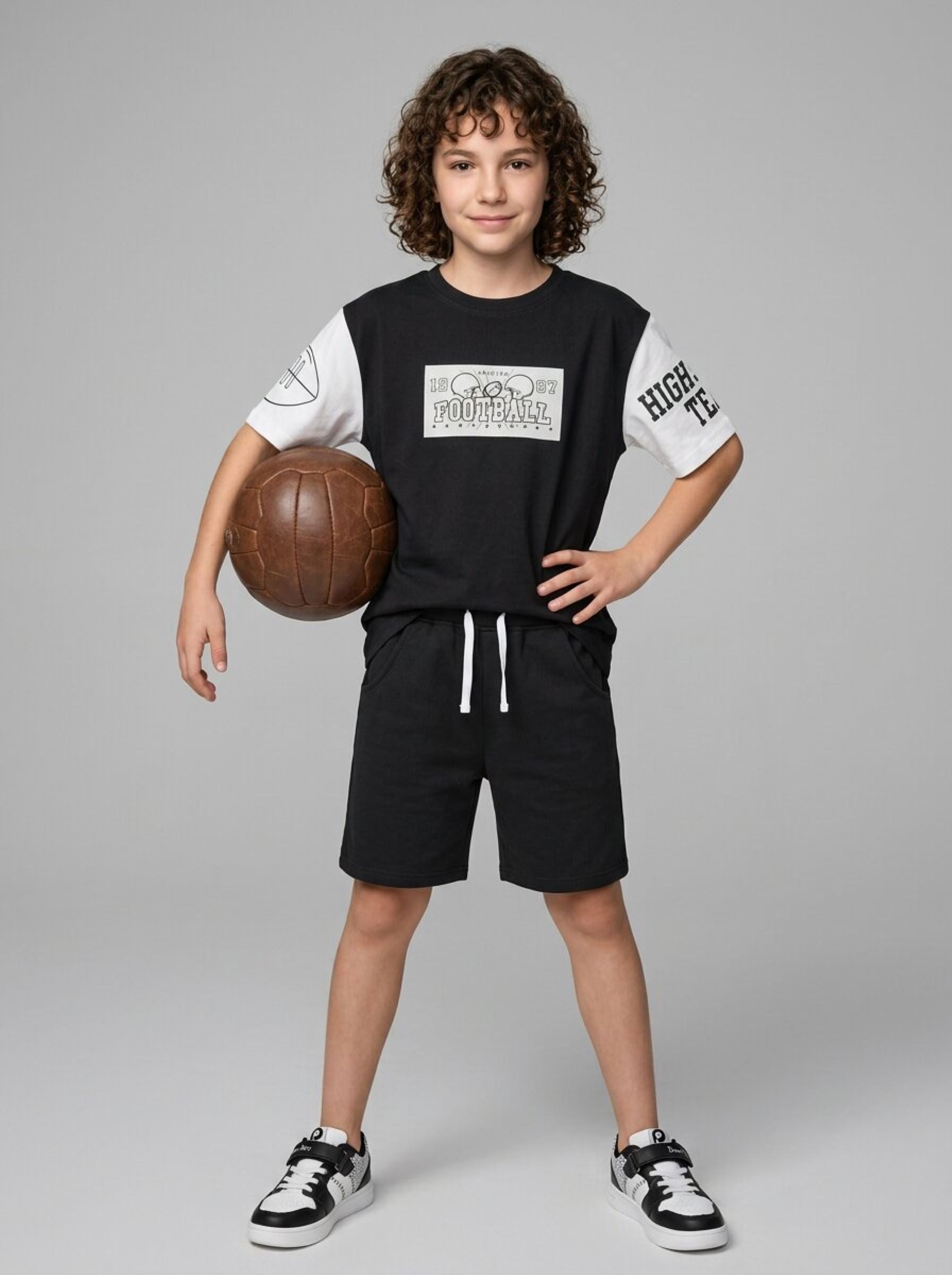 CODEZ Boys Black American Football Graphic Printed Drop Shoulder Cotton T-Shirt