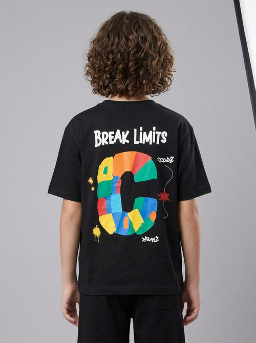 CODEZ Boys Black Break Limits Graphic Printed Drop Shoulder Cotton T-Shirt