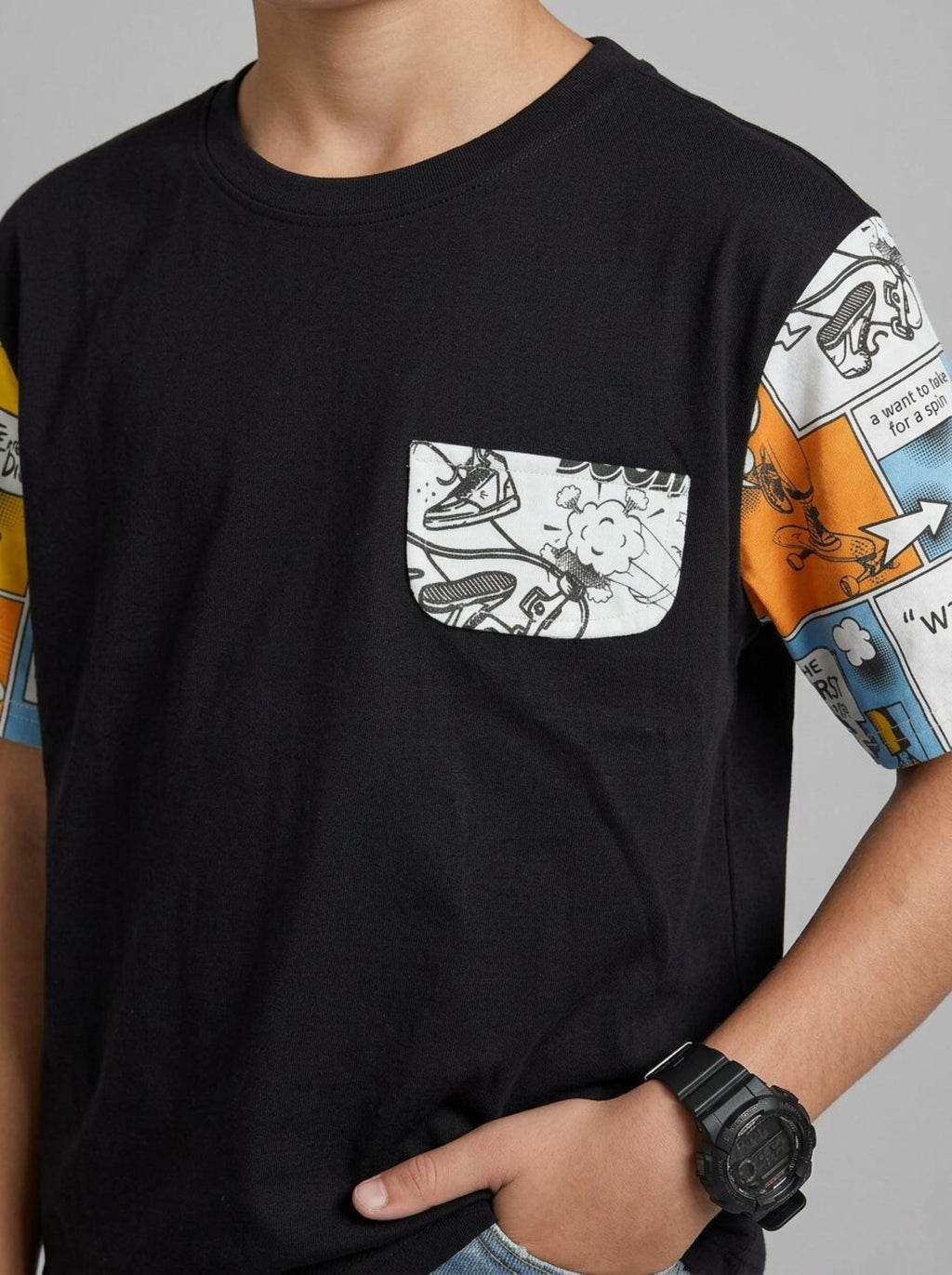 CODEZ Boys Black Comic Print Sleeve Drop Shoulder T-Shirt