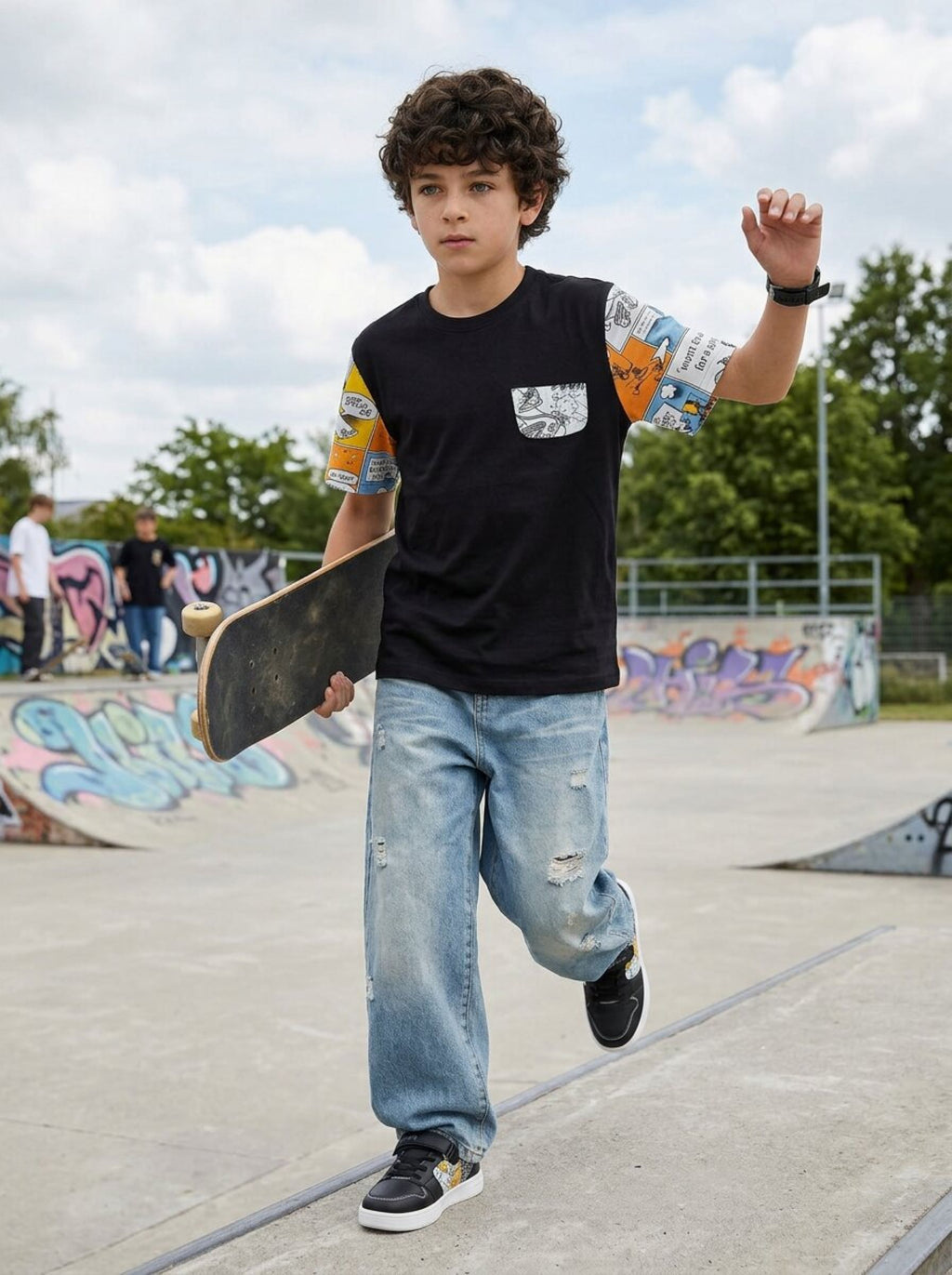 CODEZ Boys Black Comic Print Sleeve Drop Shoulder T-Shirt