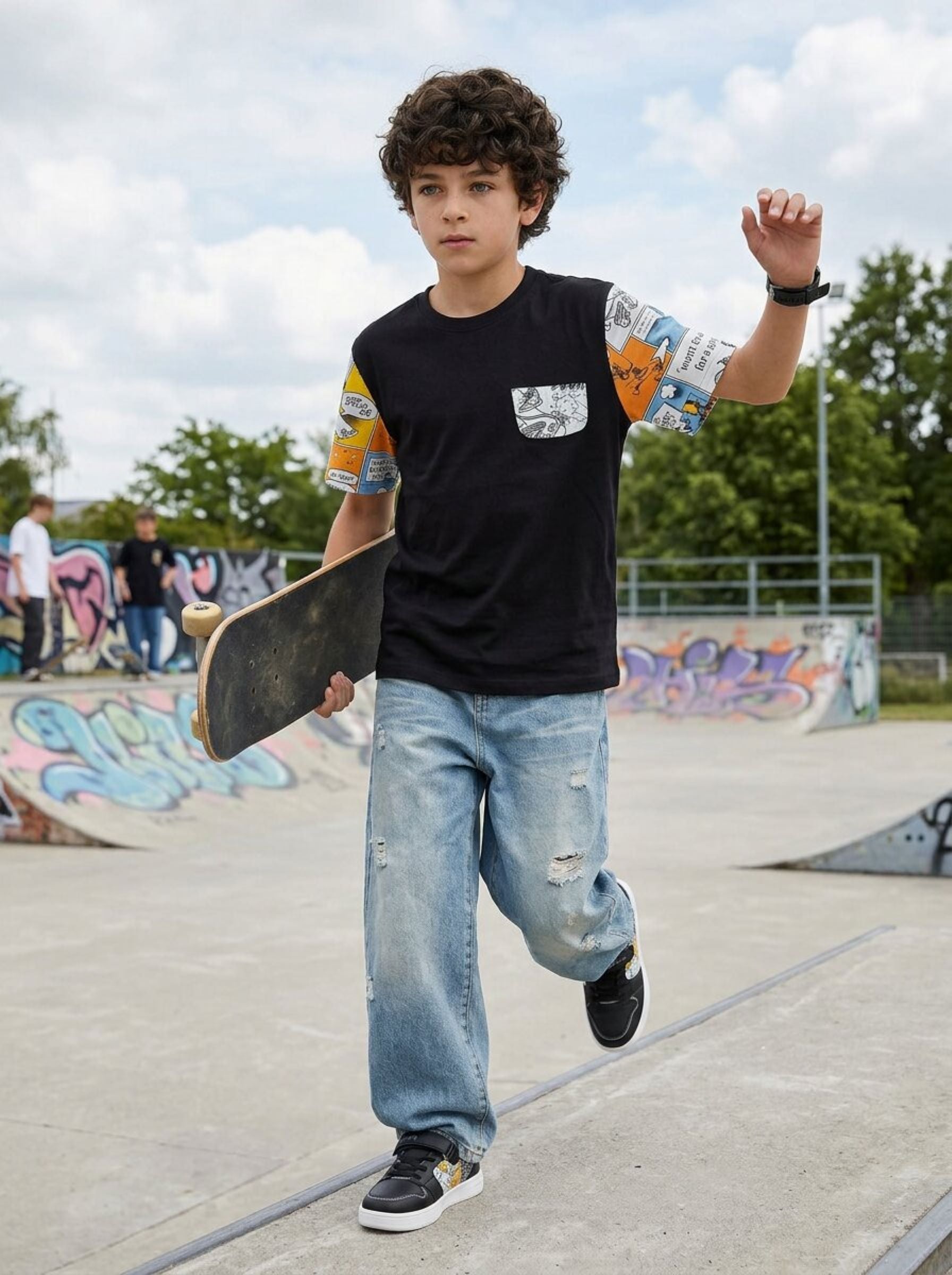 CODEZ Boys Black Comic Print Sleeve Drop Shoulder T-Shirt