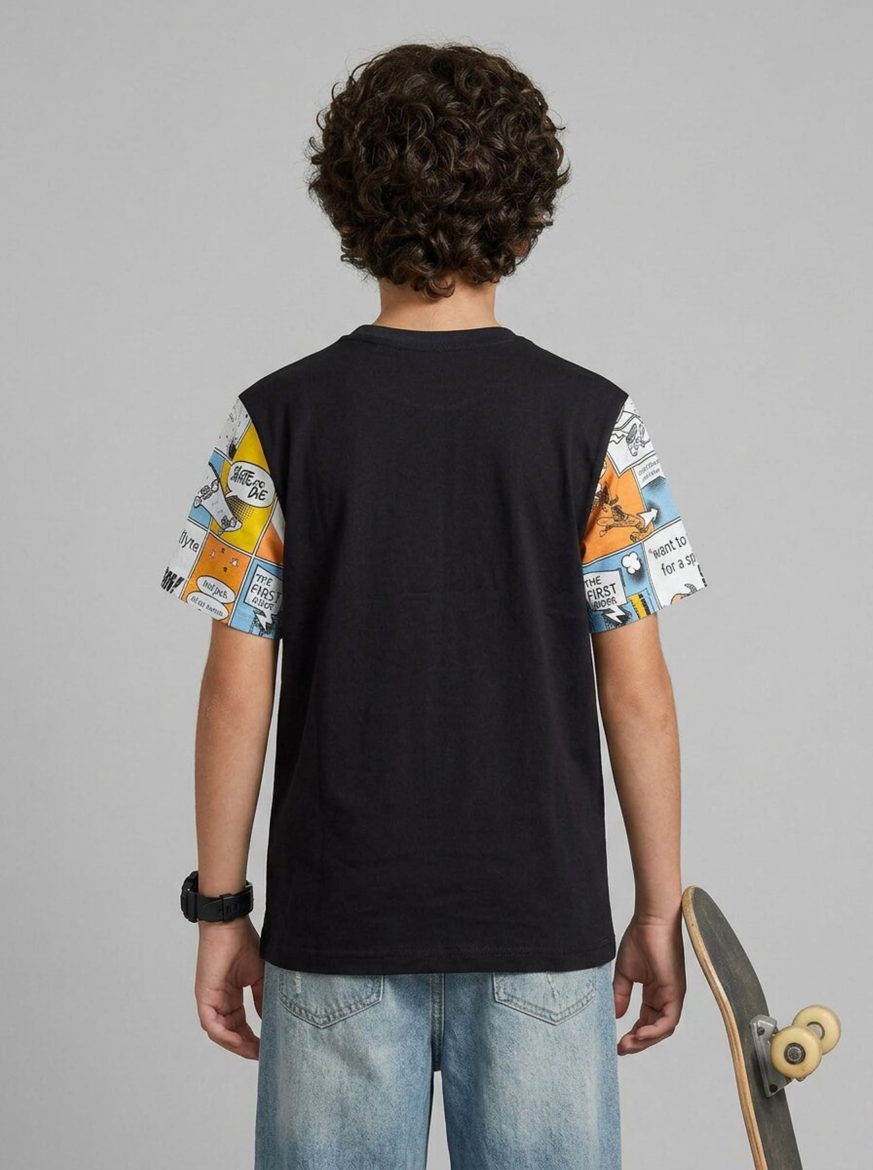 CODEZ Boys Black Comic Print Sleeve Drop Shoulder T-Shirt