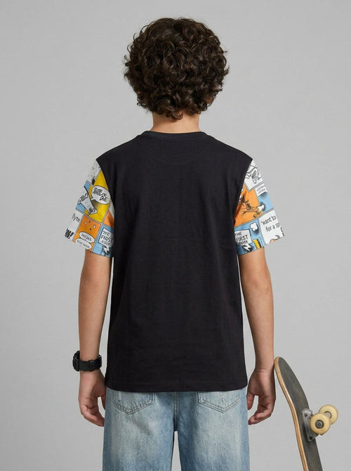 CODEZ Boys Black Comic Print Sleeve Drop Shoulder T-Shirt