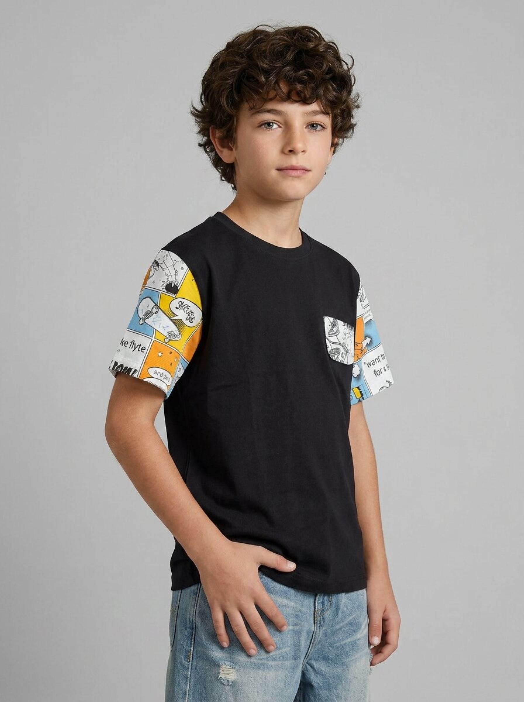 CODEZ Boys Black Comic Print Sleeve Drop Shoulder T-Shirt