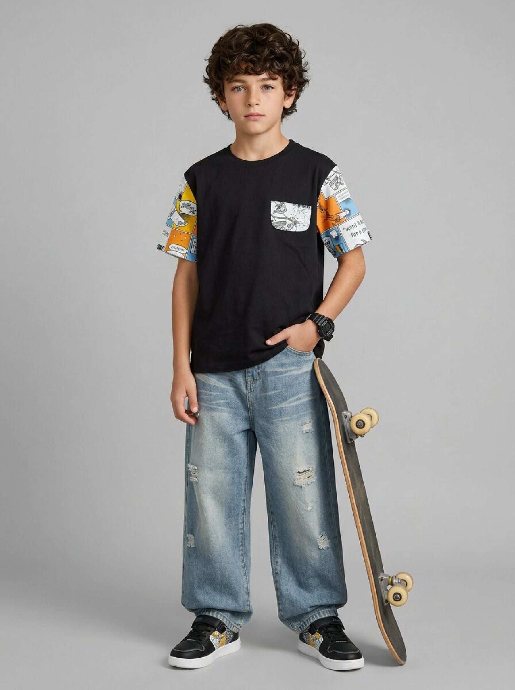 CODEZ Boys Black Comic Print Sleeve Drop Shoulder T-Shirt
