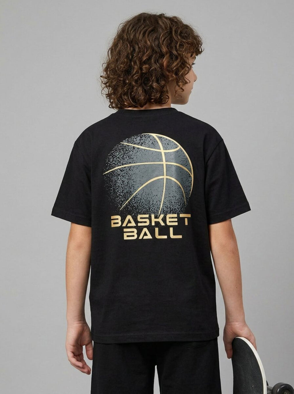CODEZ Boys Black Basketball Graphic Printed Drop Shoulder Cotton T-Shirt