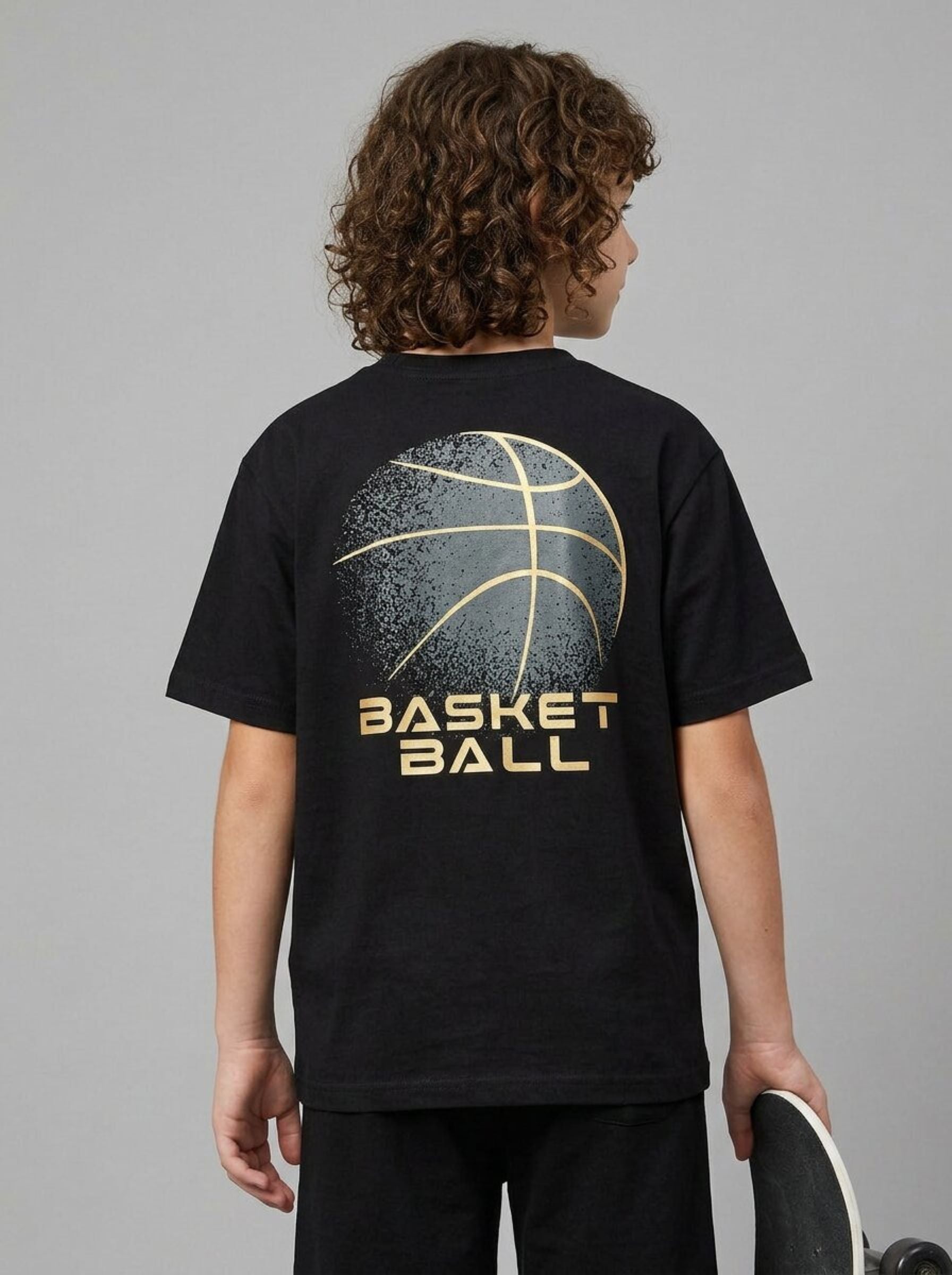 CODEZ Boys Black Basketball Graphic Printed Drop Shoulder Cotton T-Shirt