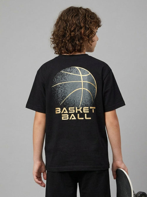 CODEZ Boys Black Basketball Graphic Printed Drop Shoulder Cotton T-Shirt