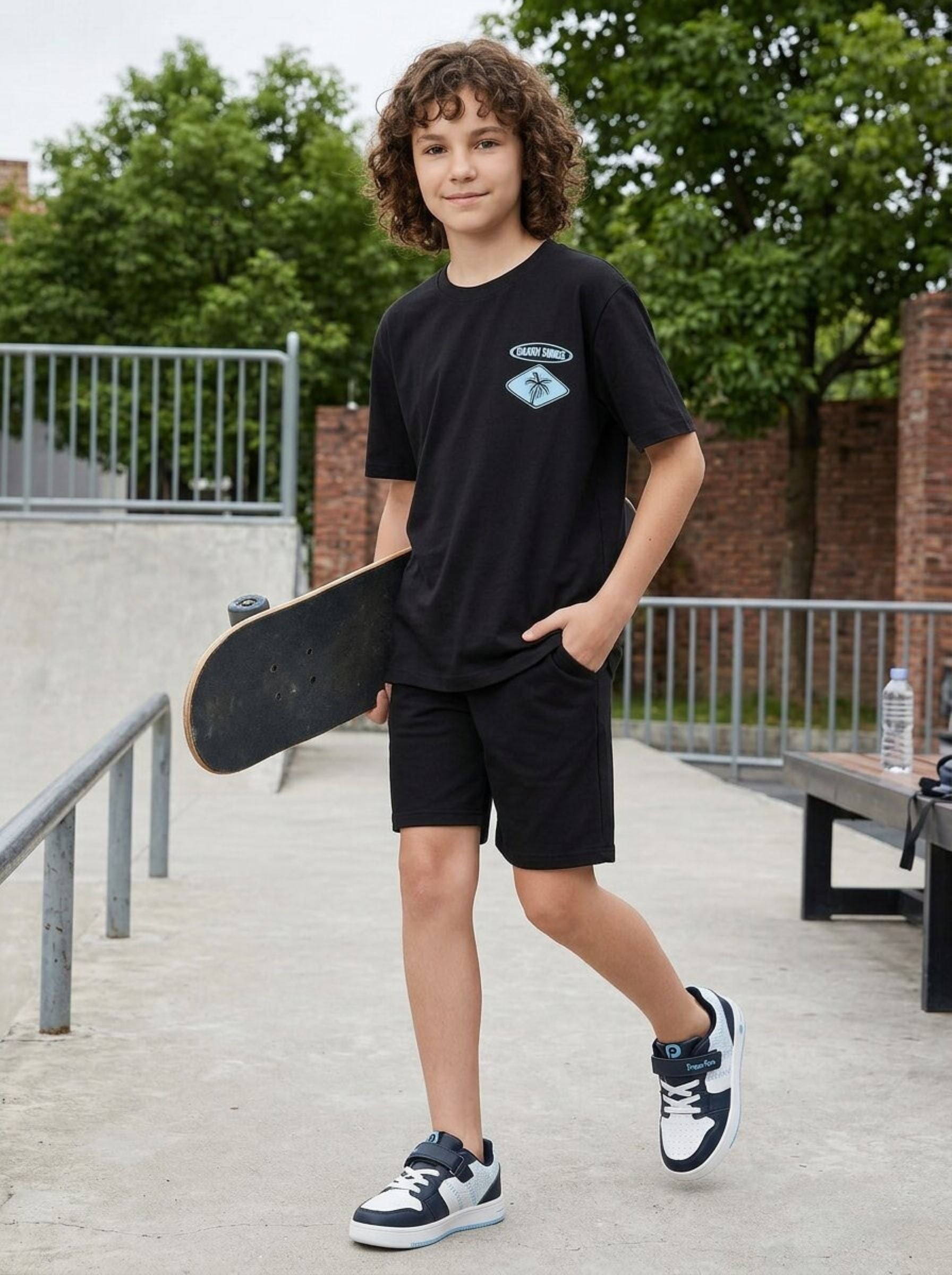 CODEZ Boys Black Tropicoast Graphic Printed Drop Shoulder Cotton T-Shirt