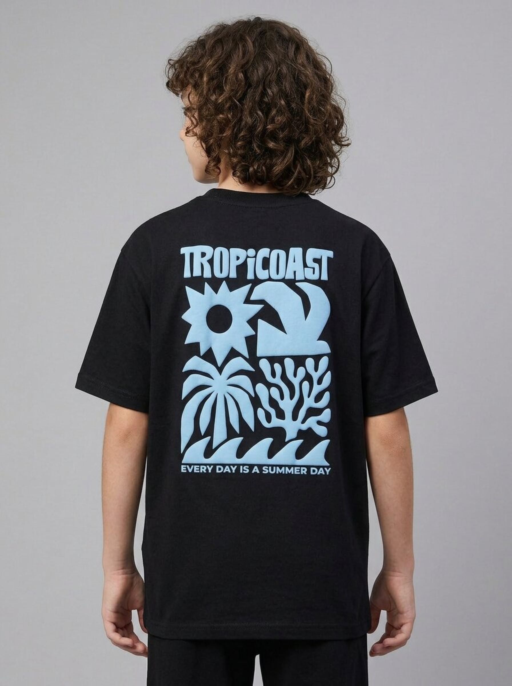 CODEZ Boys Black Tropicoast Graphic Printed Drop Shoulder Cotton T-Shirt