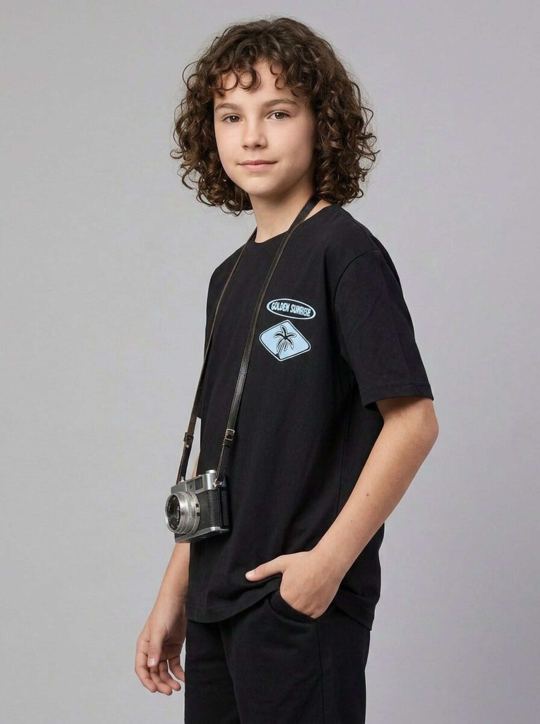 CODEZ Boys Black Tropicoast Graphic Printed Drop Shoulder Cotton T-Shirt