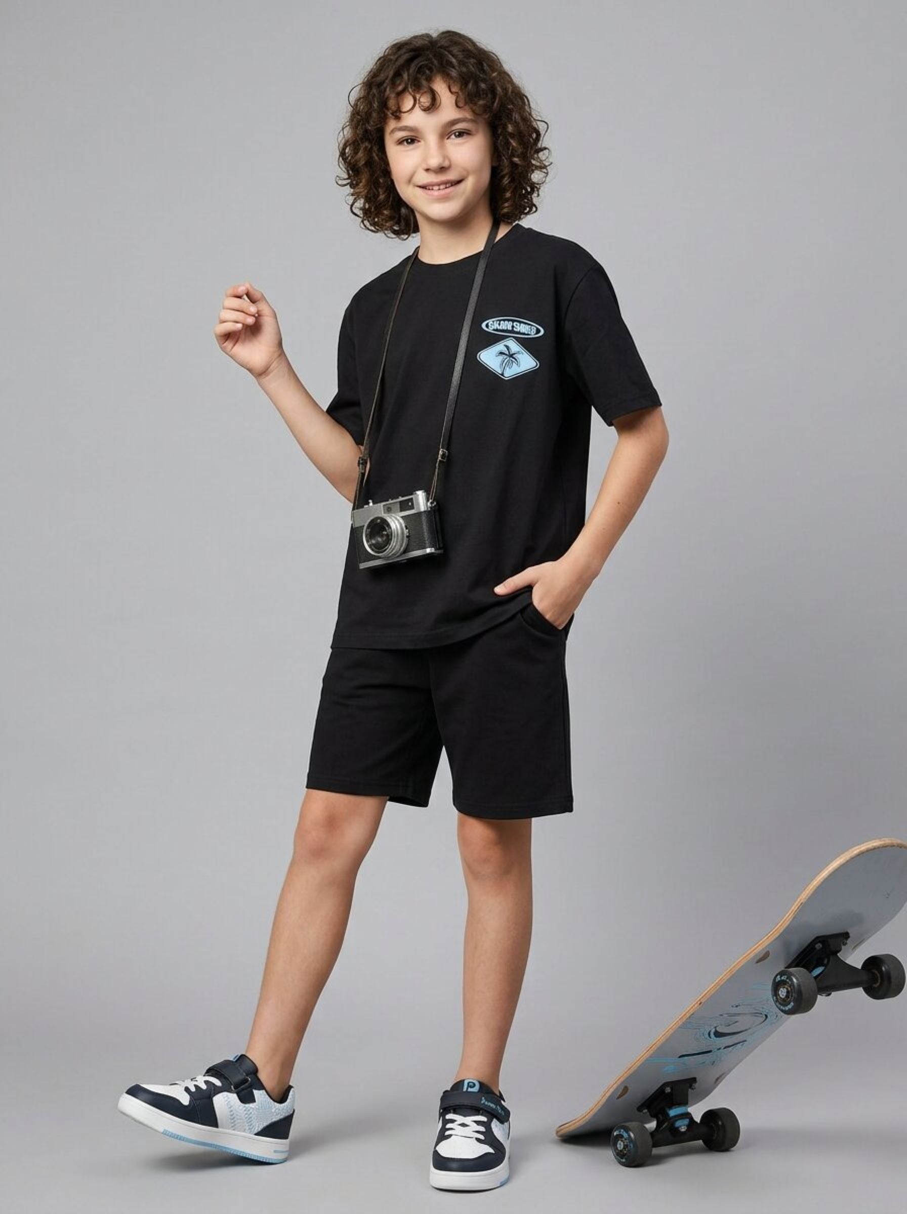 CODEZ Boys Black Tropicoast Graphic Printed Drop Shoulder Cotton T-Shirt