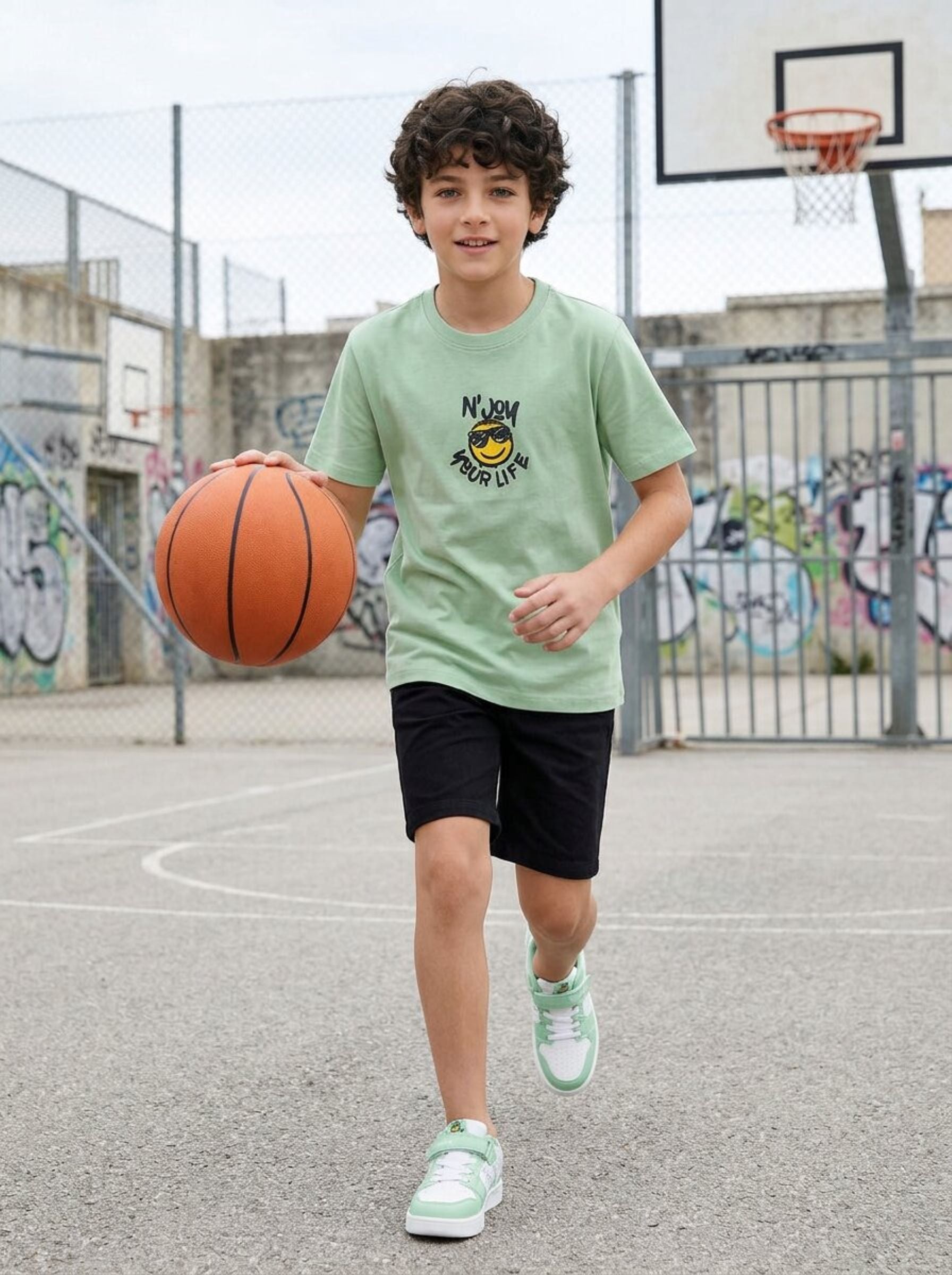 boys oversized t-shirt - CODEZ Boys' Green N'Joy Your Life Graphic Drop Shoulder T-Shirt, front view