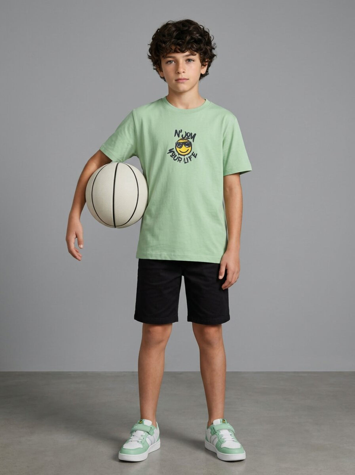 boys oversized t-shirt - CODEZ Boys' Green N'Joy Your Life Graphic Drop Shoulder T-Shirt, styling view